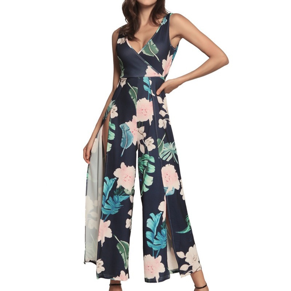 ♦️🆕Navy Floral Wide Leg Split Jumpsuit - Picture 5 of 8